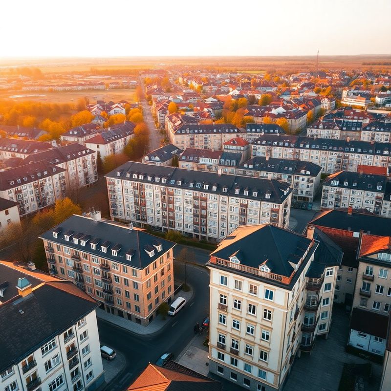 Letecký pohled na sídliště s bytovými domy v ranním rose-tónovém světle